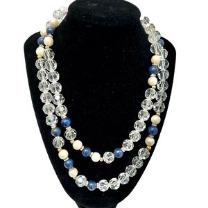 VINTAGE FACETED CRYSTAL, LAPIS BEAD AND PEARL 40" NECKLACE WITH 14K G.F. CLASP